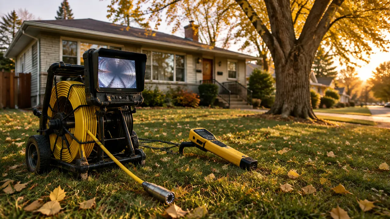 A sewer camera reel, monitor and locator on a front lawn in autumn