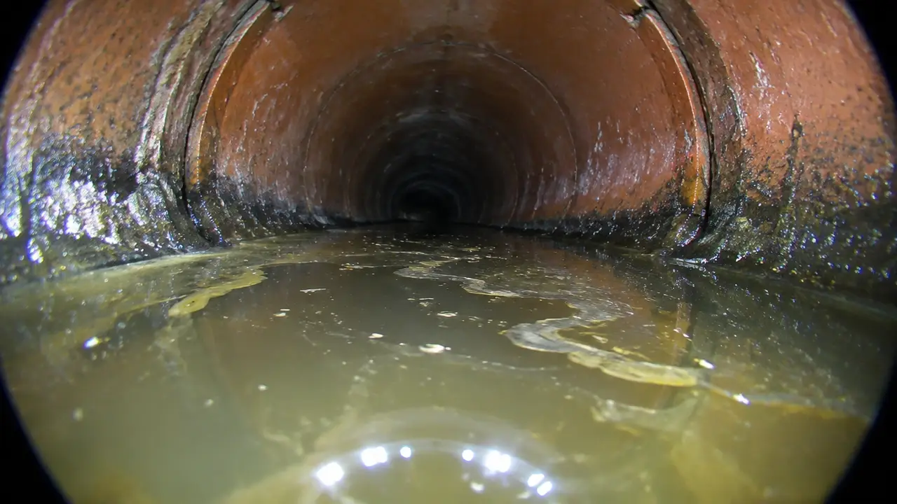 Sewer camera view of standing water in a sagging section of pipe