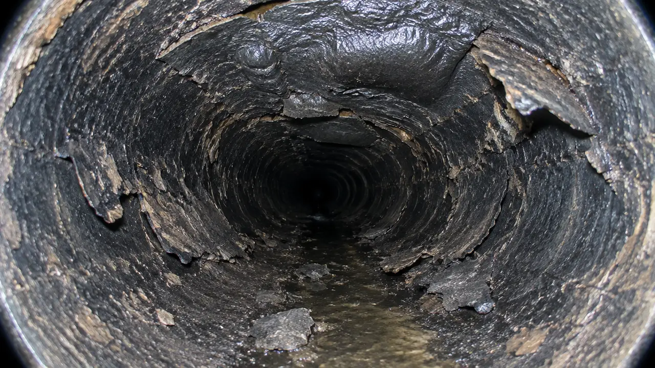 Sewer camera view of a deformed, blistered bituminous fibre pipe