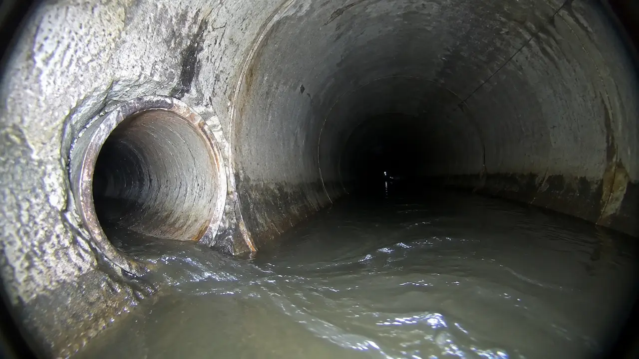 Sewer camera view of a house lateral connecting into a large city sewer main