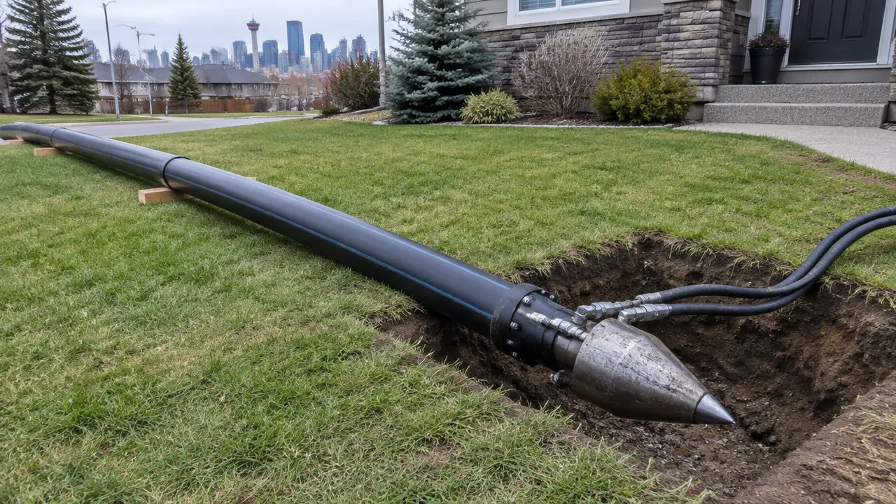 A fused HDPE pipe and bursting head at an entry pit on a lawn